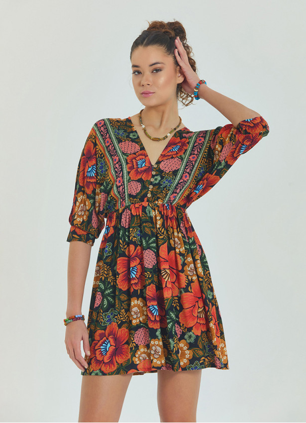 V Neck Elastic Waist Backless Black Floral Dress 4565